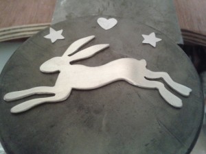 Silver hare cut out and ready to add the 24ct gold