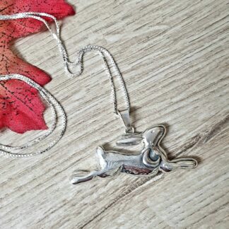 Leaping Silver Hare with crescent moon pendant