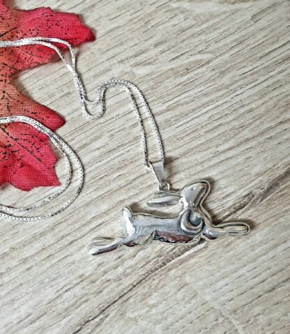 Leaping Silver Hare with crescent moon pendant