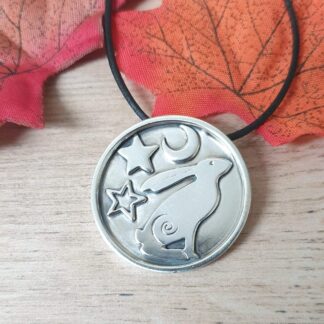 Moongazing Silver Hare pendant with stars and moon